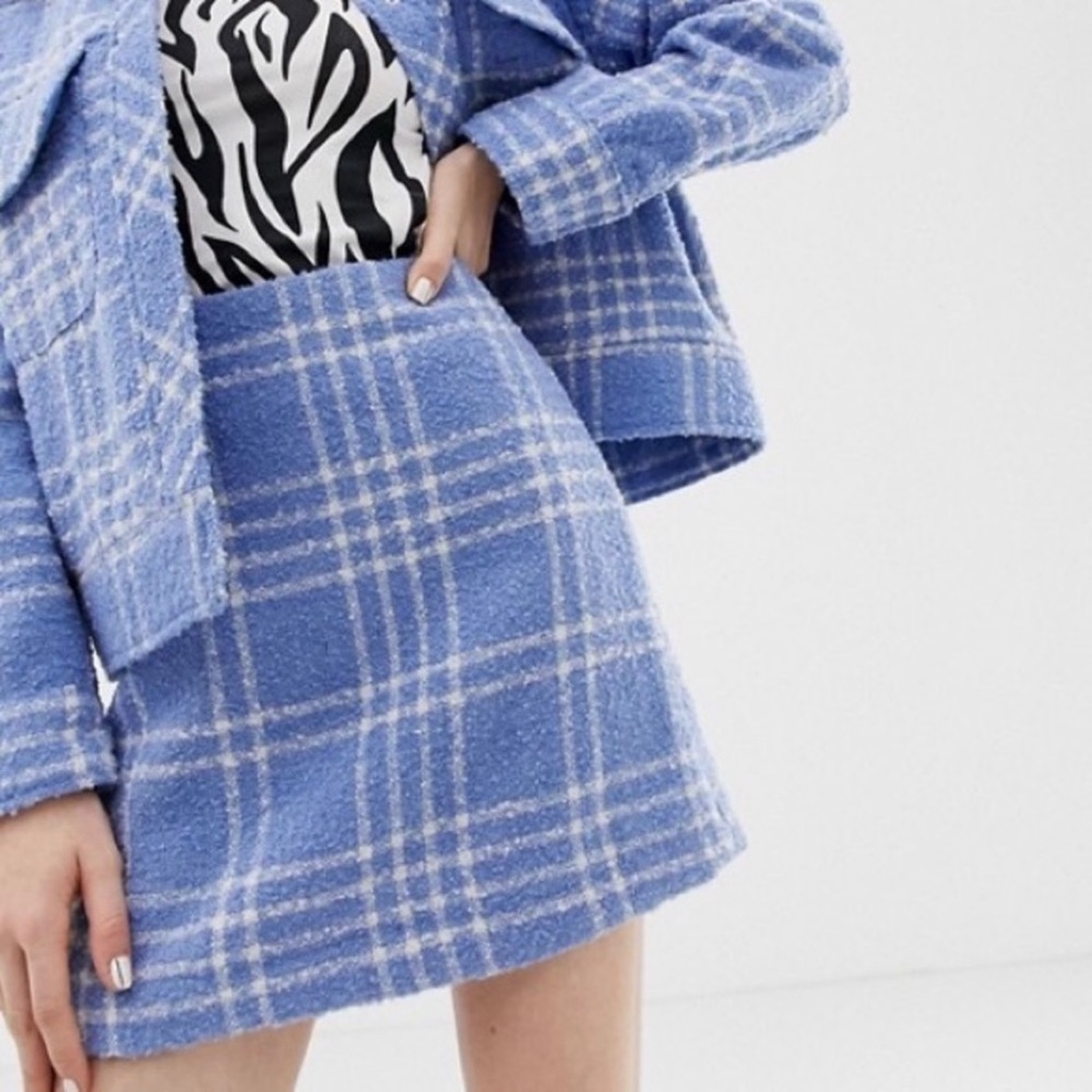 Monki Blue and White Plaid Skirt with Wool-like texture.